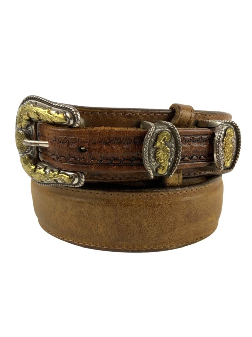 Nocona Ranger Belt Size 40 Brown Leather With Silver Gold Floral Buckle Accents